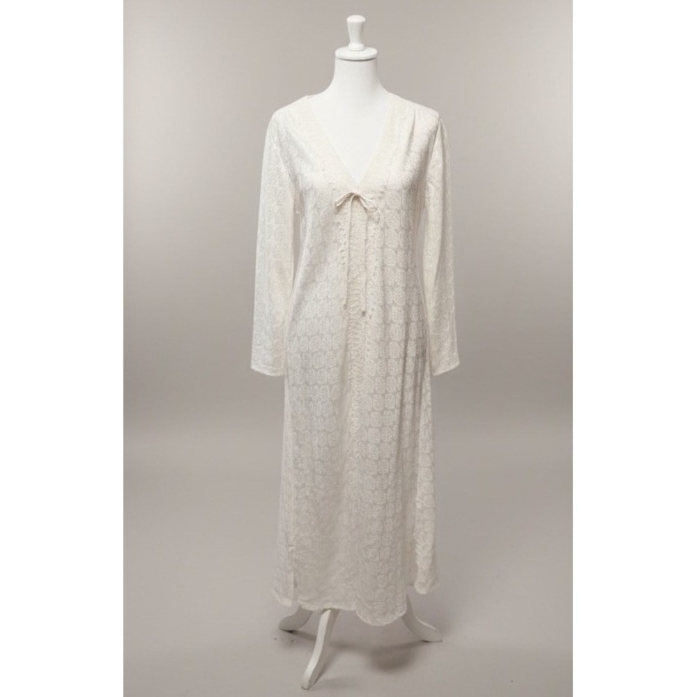Oscar De La Renta Satin V-Neck Nightgown Lace Trim Long Ivory‎ Sleepwear XS - Picture 1 of 5